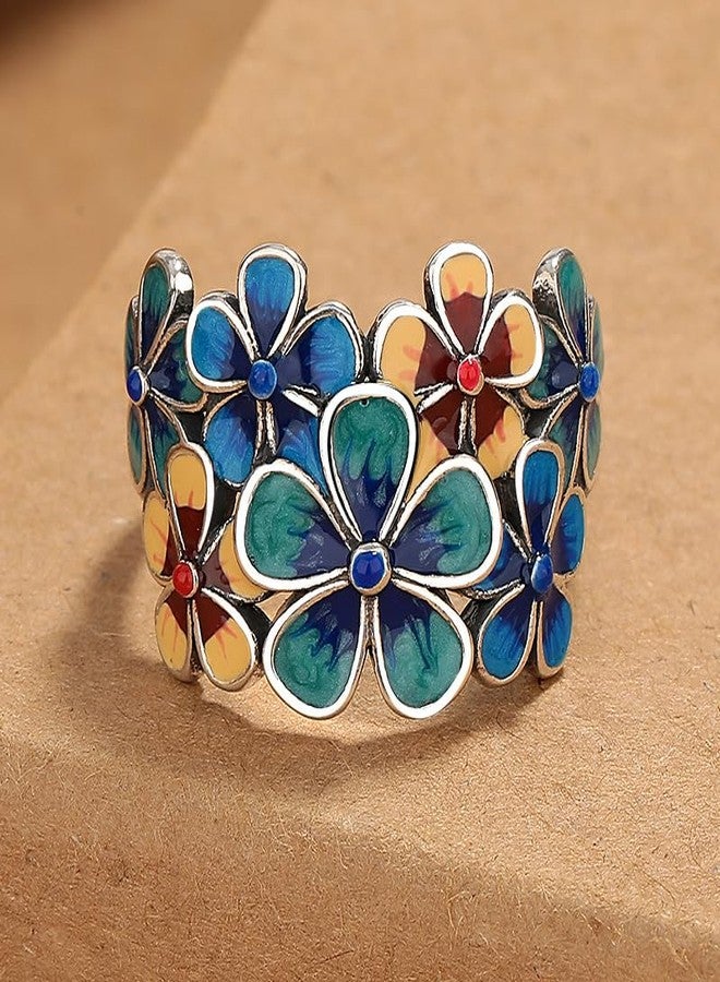 HAIXIAN Sterling Silver Fashion Rose Peony Flower Statement Band Ring, Thick Silver Plated Dainty Colorful Floral Enamel Band Ring Jewelry for Women (Adjustable) - Image 4